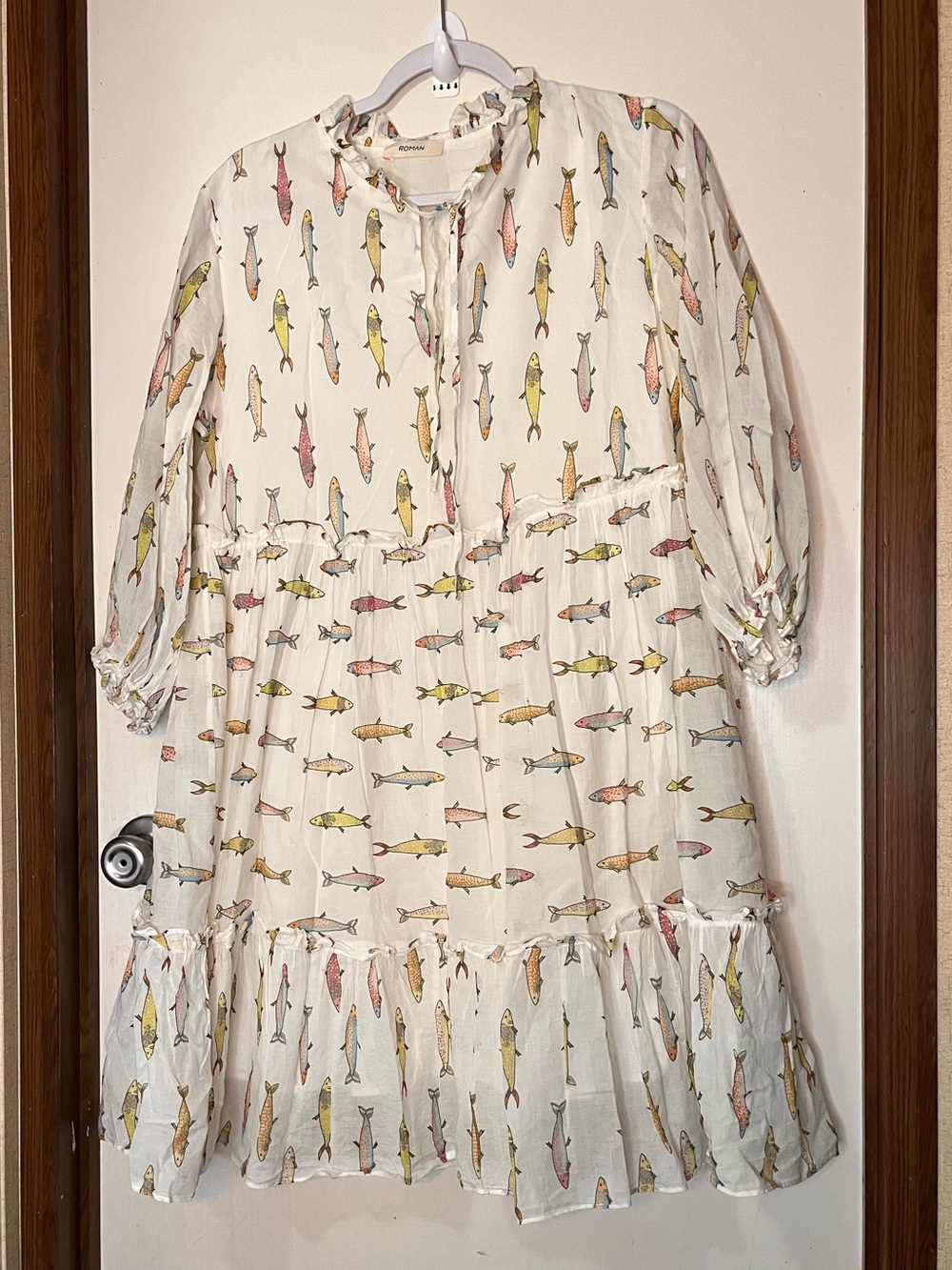 Girls' Cream Fish-Print Tiered Casual Dress